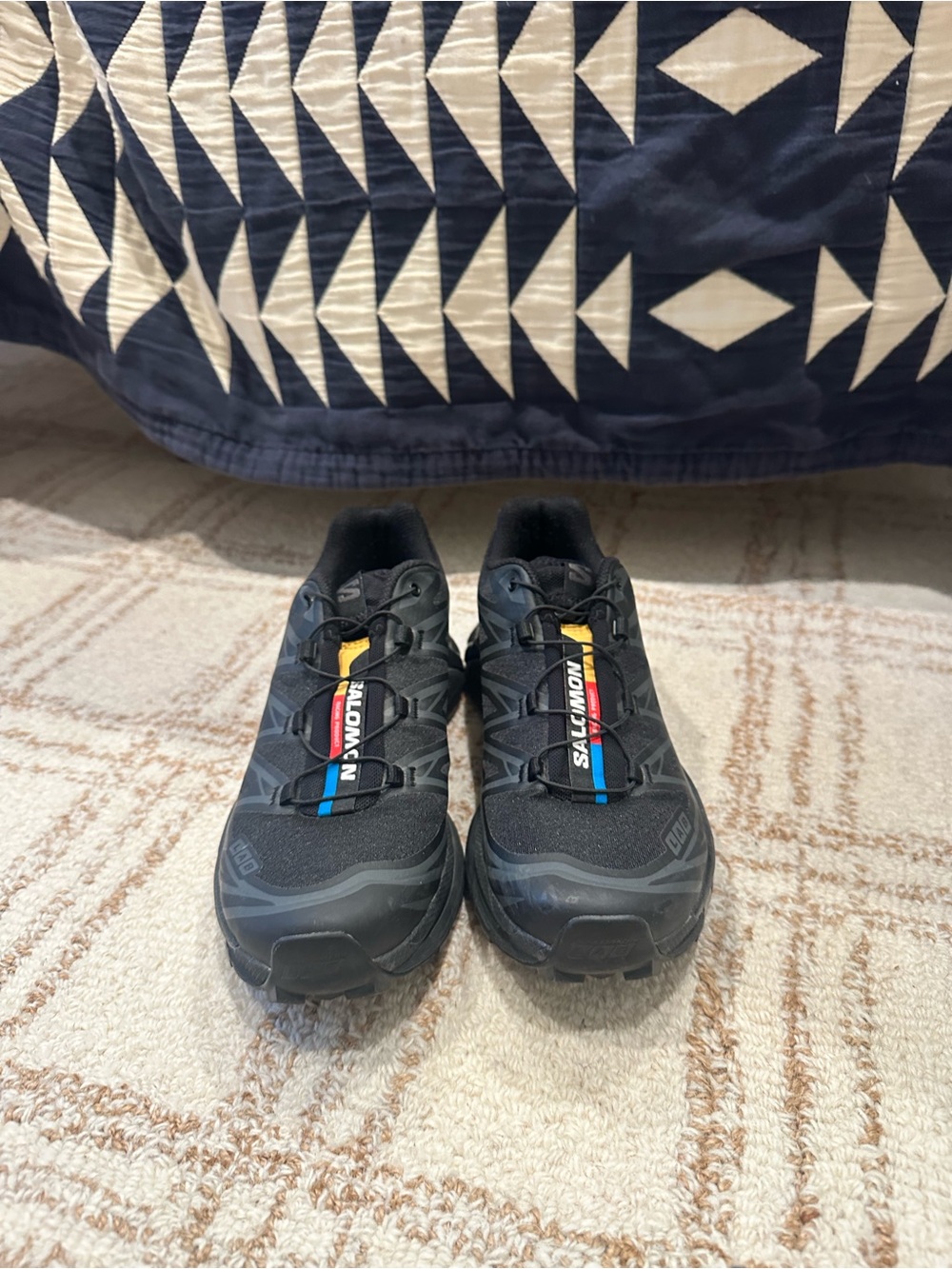 Salomon XT-6 Black Trail Runners with Blue, Yellow and Red Accents